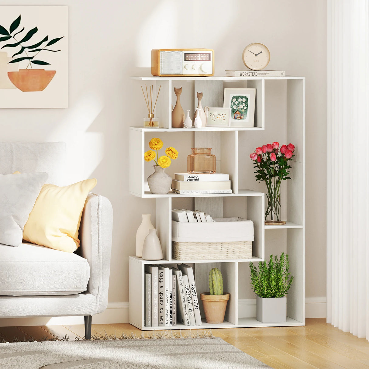 6-Cube Open-back Geometric Bookshelf with Anti-tip Kits-White