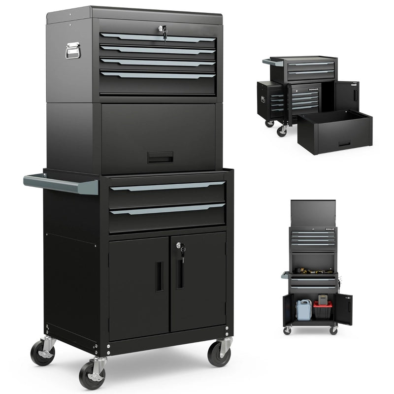 3-in-1 6-Drawer Rolling Tool Chest Storage Cabinet with Universal Wheels and Hooks-Black