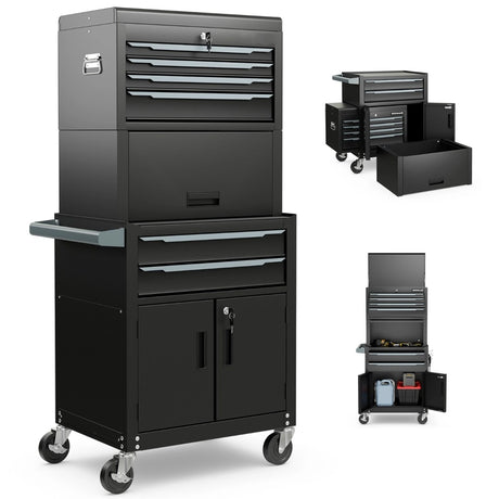 3-in-1 6-Drawer Rolling Tool Chest Storage Cabinet with Universal Wheels and Hooks-Black