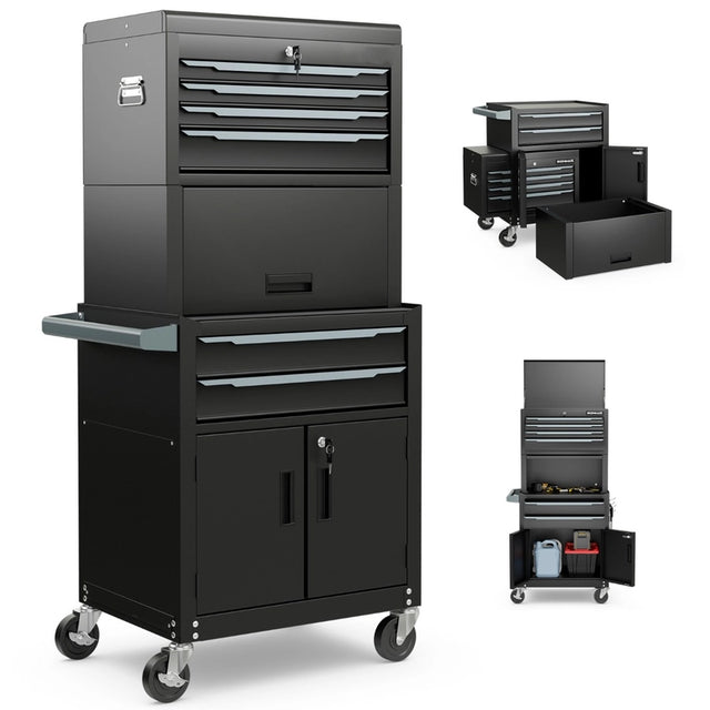 3-in-1 6-Drawer Rolling Tool Chest Storage Cabinet with Universal Wheels and Hooks-Black