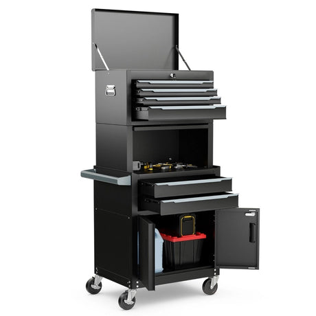3-in-1 6-Drawer Rolling Tool Chest Storage Cabinet with Universal Wheels and Hooks-Black