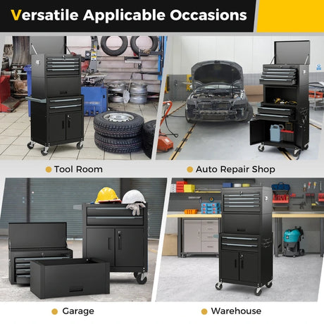 3-in-1 6-Drawer Rolling Tool Chest Storage Cabinet with Universal Wheels and Hooks-Black