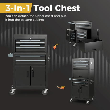 3-in-1 6-Drawer Rolling Tool Chest Storage Cabinet with Universal Wheels and Hooks-Black