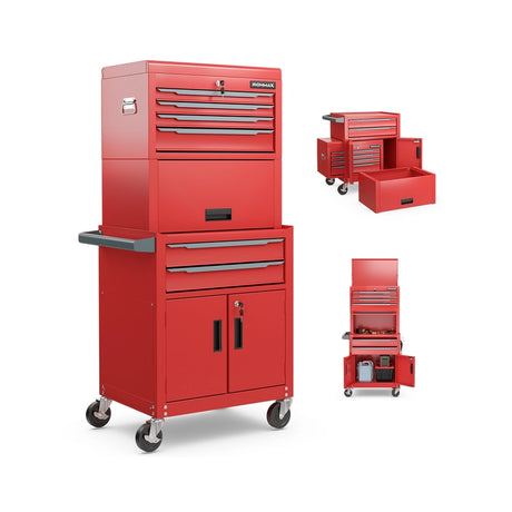 3-in-1 6-Drawer Rolling Tool Chest Storage Cabinet with Universal Wheels and Hooks-Red