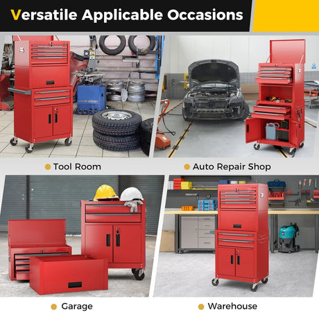 3-in-1 6-Drawer Rolling Tool Chest Storage Cabinet with Universal Wheels and Hooks-Red