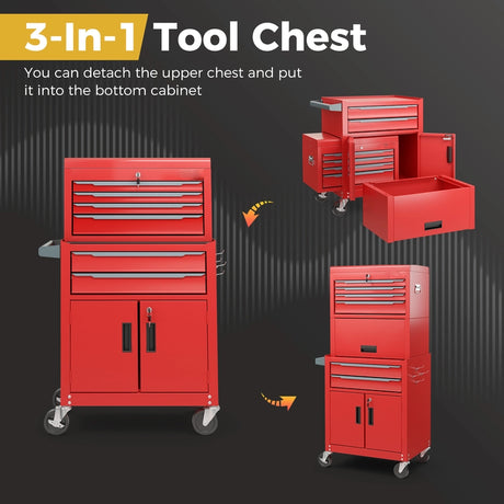 3-in-1 6-Drawer Rolling Tool Chest Storage Cabinet with Universal Wheels and Hooks-Red