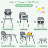 6-in-1 Baby High Chair with 5-Point Harness and Removable Tray-Gray
