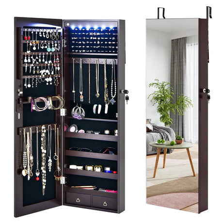 Wall Mounted Full Screen Mirror Jewelry Cabinet Armoire wirth 6 LEDs-Brown