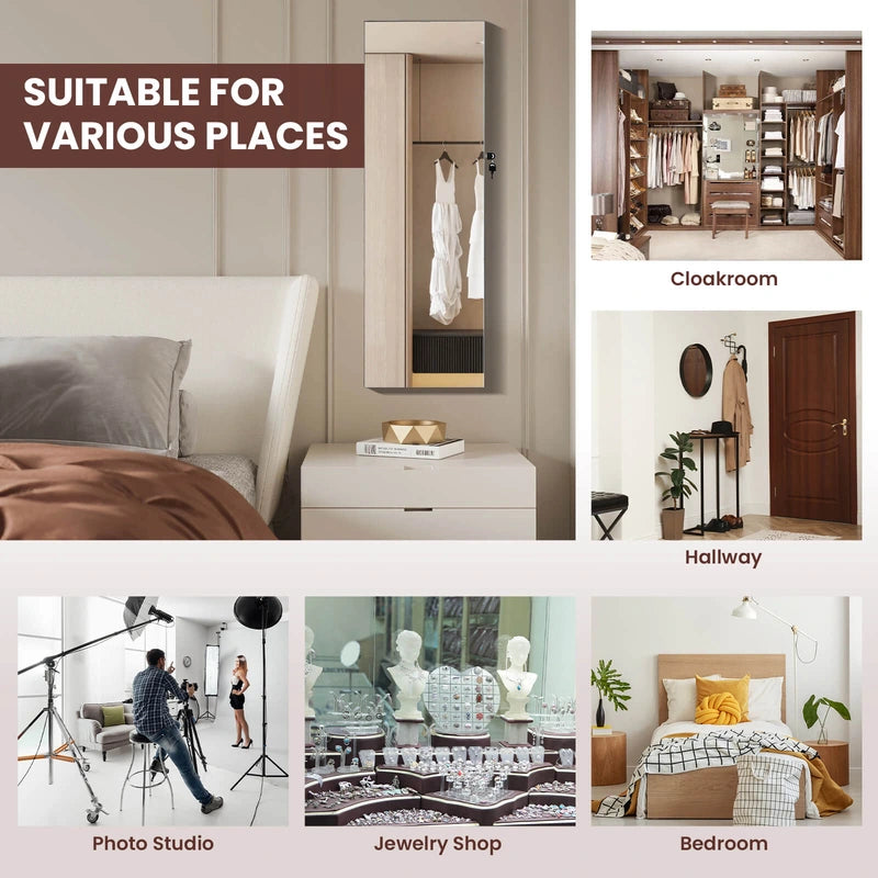 Wall Mounted Full Screen Mirror Jewelry Cabinet Armoire wirth 6 LEDs-Brown