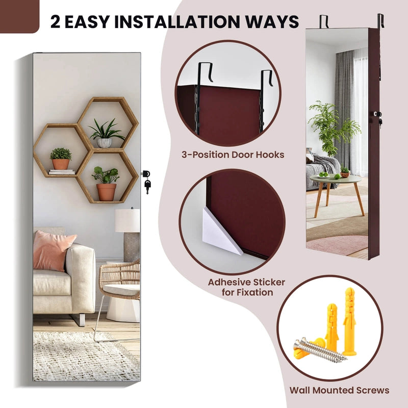 Wall Mounted Full Screen Mirror Jewelry Cabinet Armoire wirth 6 LEDs-Brown