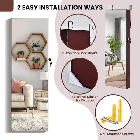 Wall Mounted Full Screen Mirror Jewelry Cabinet Armoire wirth 6 LEDs-Brown