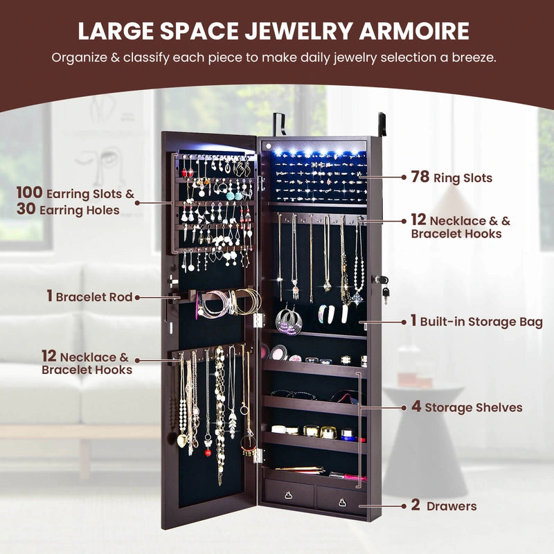 Wall Mounted Full Screen Mirror Jewelry Cabinet Armoire wirth 6 LEDs-Brown