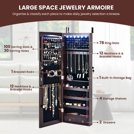 Wall Mounted Full Screen Mirror Jewelry Cabinet Armoire wirth 6 LEDs-Brown
