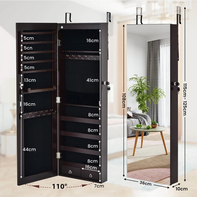 Wall Mounted Full Screen Mirror Jewelry Cabinet Armoire wirth 6 LEDs-Brown