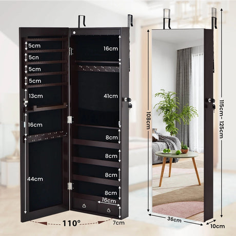 Wall Mounted Full Screen Mirror Jewelry Cabinet Armoire wirth 6 LEDs-Brown
