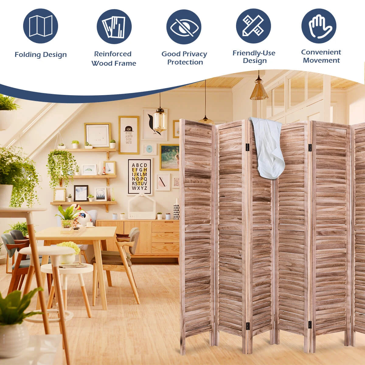 6 Panels Classic Venetian Wooden Slat Room Screen-Brown