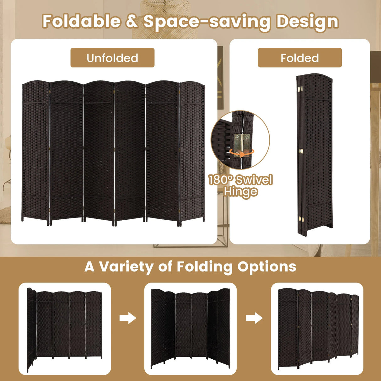 6-Panel Room Divider Folding Privacy Screen with Hand-woven Texture-Brown