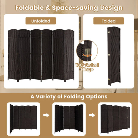6-Panel Room Divider Folding Privacy Screen with Hand-woven Texture-Brown