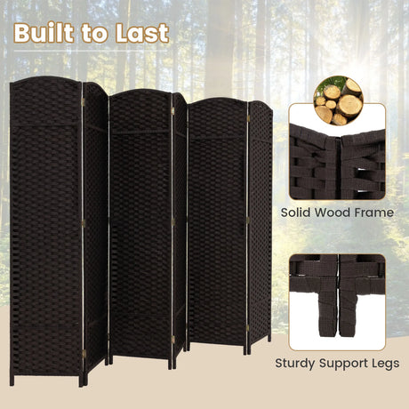 6-Panel Room Divider Folding Privacy Screen with Hand-woven Texture-Brown