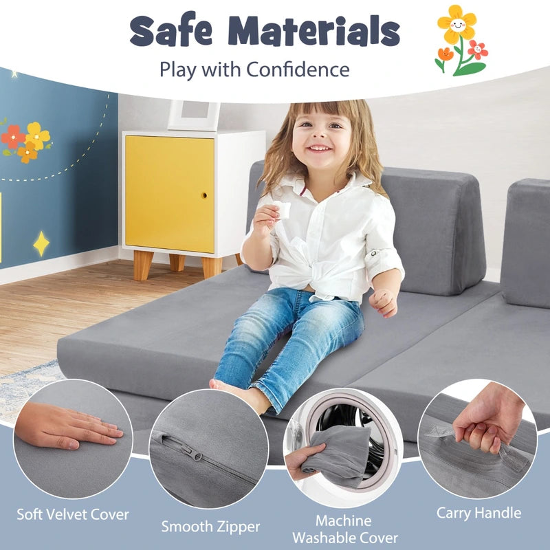 6 Pieces Modular Kids Play Couch for Nursery Playroom-Grey