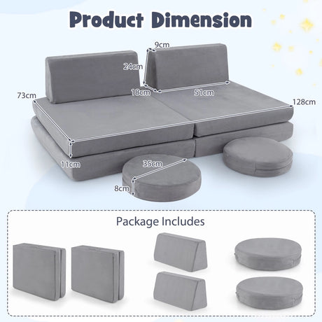6 Pieces Modular Kids Play Couch for Nursery Playroom-Grey
