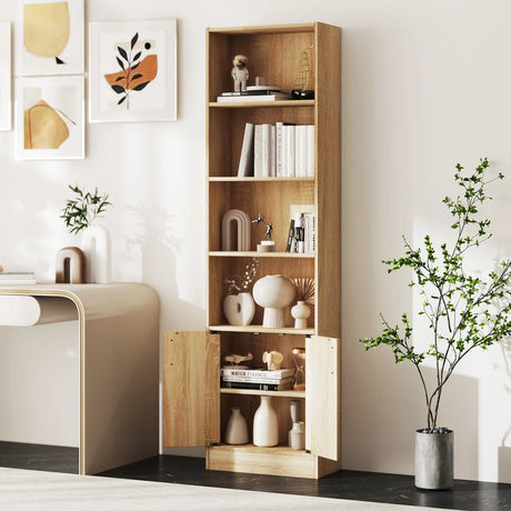 71 Inch 6-Tier Tall Bookshelf with Double Doors 4 Open Cubes-Oak