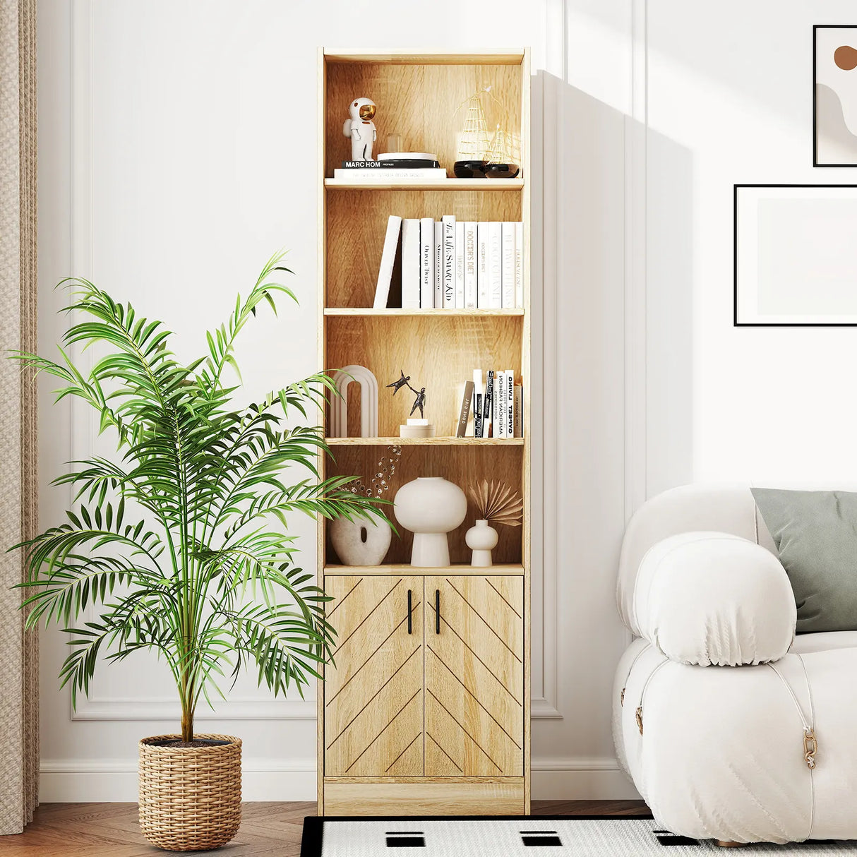 71 Inch 6-Tier Tall Bookshelf with Double Doors 4 Open Cubes-Oak