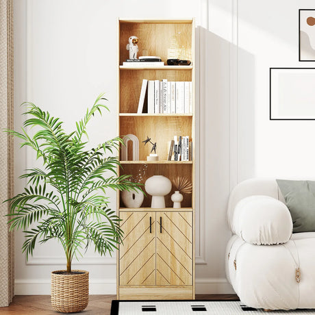 71 Inch 6-Tier Tall Bookshelf with Double Doors 4 Open Cubes-Oak