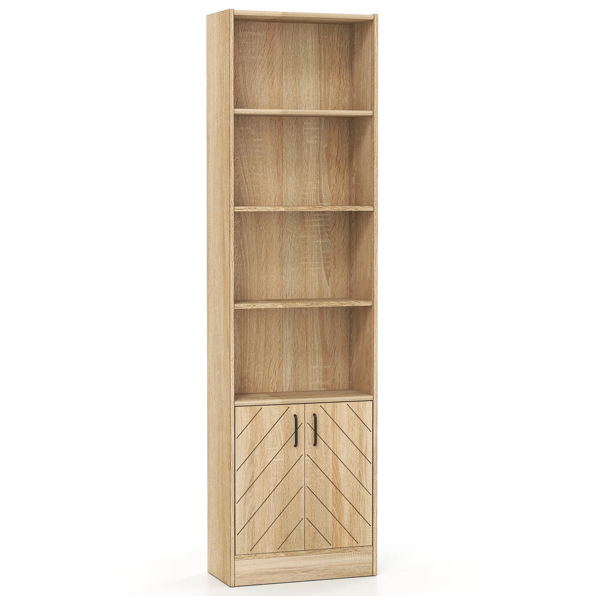 71 Inch 6-Tier Tall Bookshelf with Double Doors 4 Open Cubes-Oak
