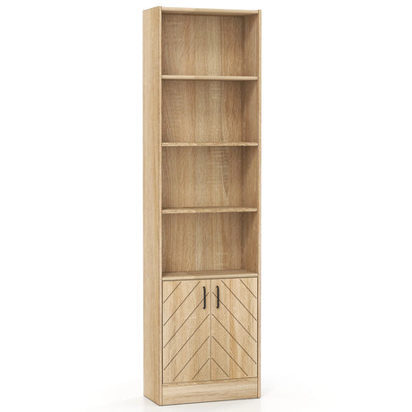 71 Inch 6-Tier Tall Bookshelf with Double Doors 4 Open Cubes-Oak