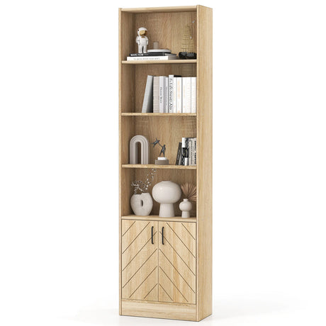 71 Inch 6-Tier Tall Bookshelf with Double Doors 4 Open Cubes-Oak