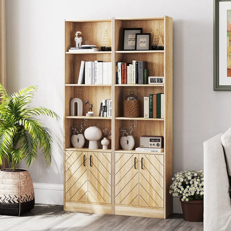 71 Inch 6-Tier Tall Bookshelf with Double Doors 4 Open Cubes-Oak