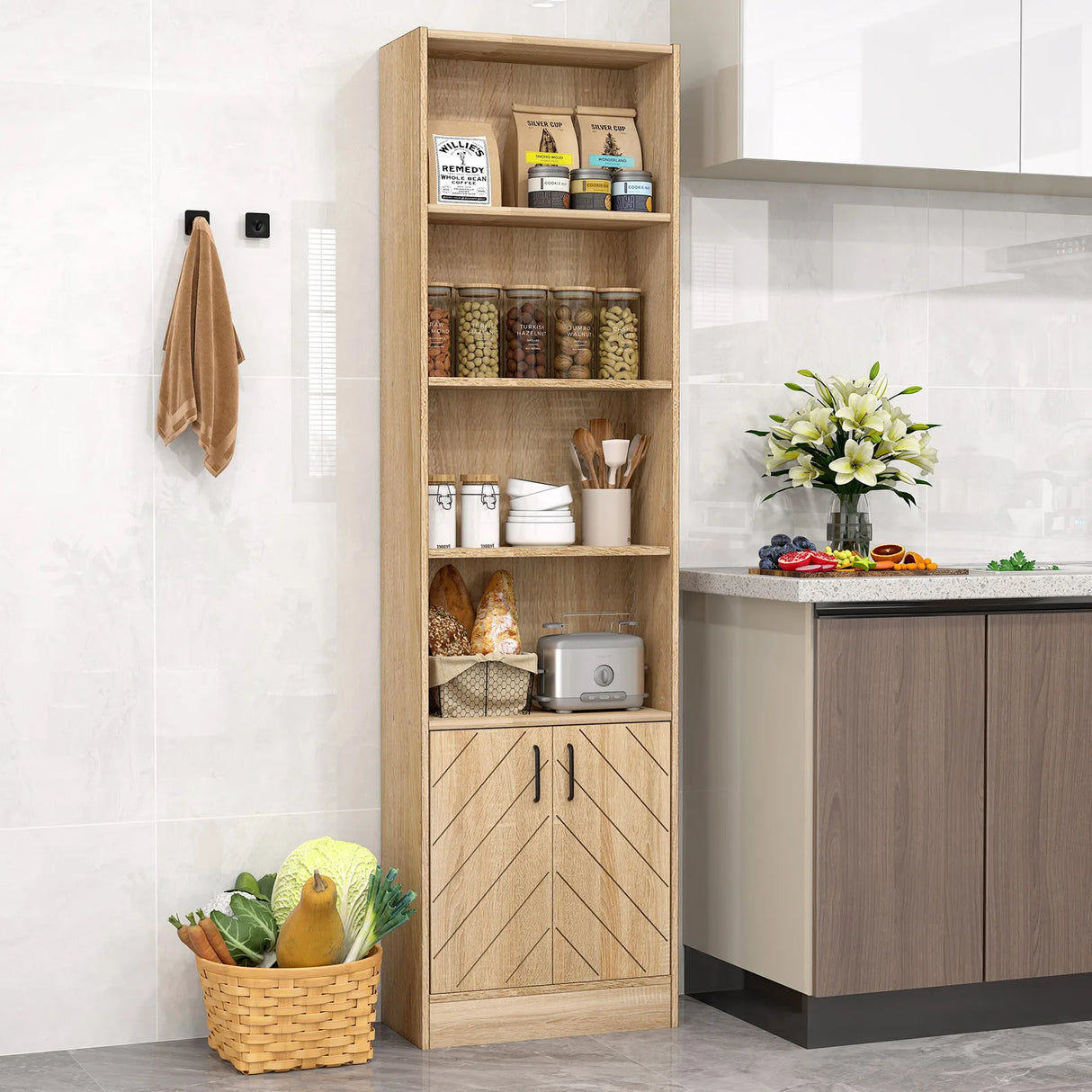 71 Inch 6-Tier Tall Bookshelf with Double Doors 4 Open Cubes-Oak