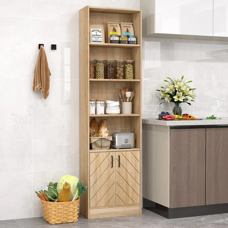 71 Inch 6-Tier Tall Bookshelf with Double Doors 4 Open Cubes-Oak