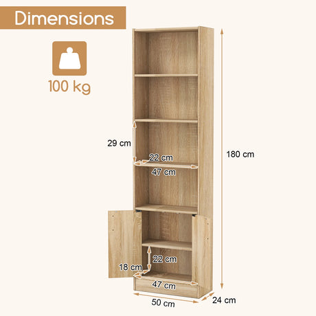 71 Inch 6-Tier Tall Bookshelf with Double Doors 4 Open Cubes-Oak