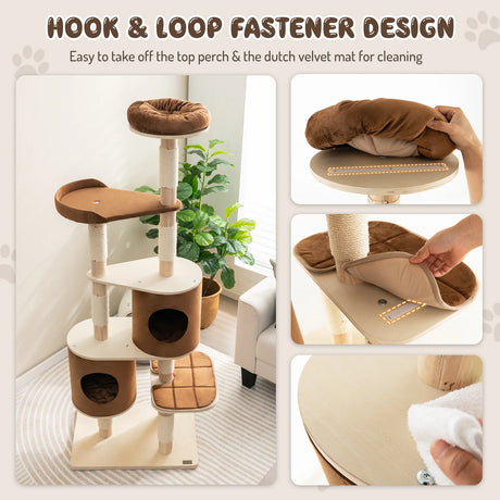 6-Tier Wooden Cat Tree with 2 Removeable Condos Platforms and Perch-Brown