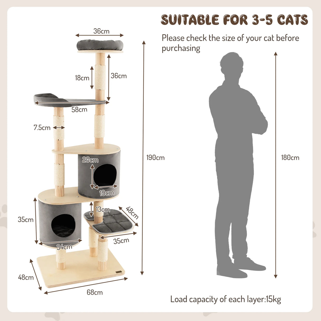 6-Tier Wooden Cat Tree with 2 Removeable Condos Platforms and Perch-Gray