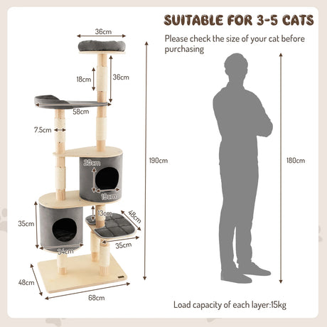 6-Tier Wooden Cat Tree with 2 Removeable Condos Platforms and Perch-Gray