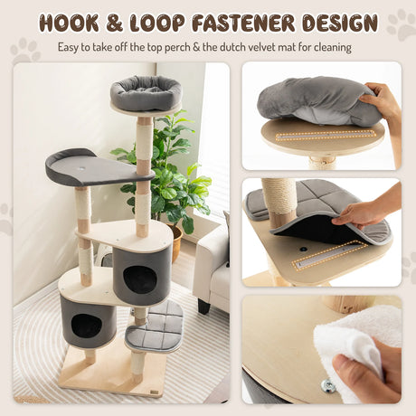 6-Tier Wooden Cat Tree with 2 Removeable Condos Platforms and Perch-Gray