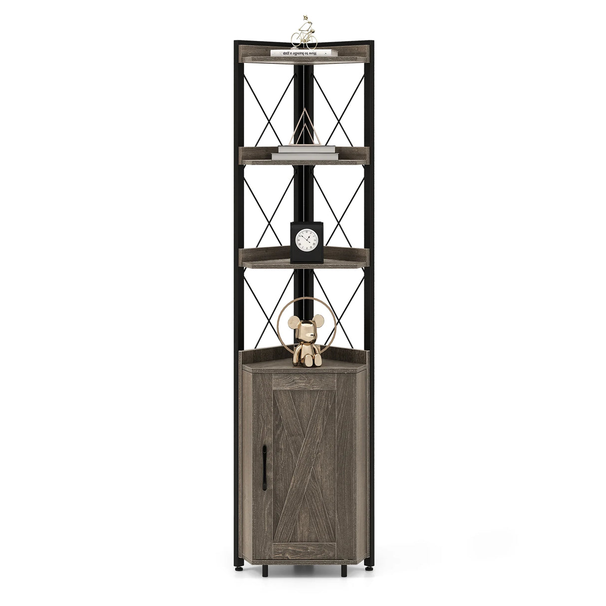 Tall Corner Storage Cabinet with 3-Tier Shelf and Enclosed Cabinet-Gray