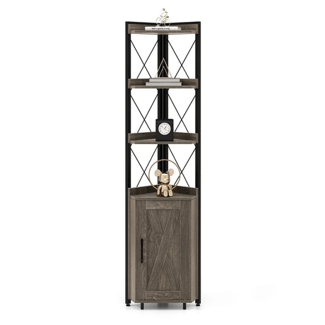 Tall Corner Storage Cabinet with 3-Tier Shelf and Enclosed Cabinet-Gray
