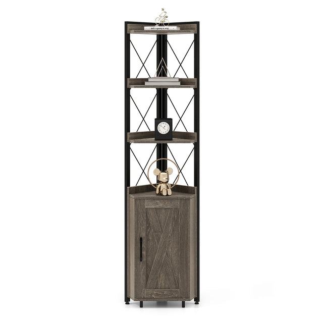 Tall Corner Storage Cabinet with 3-Tier Shelf and Enclosed Cabinet-Gray