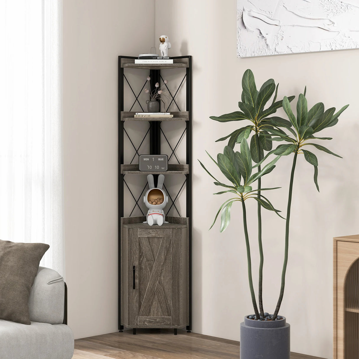 Tall Corner Storage Cabinet with 3-Tier Shelf and Enclosed Cabinet-Gray