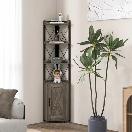 Tall Corner Storage Cabinet with 3-Tier Shelf and Enclosed Cabinet-Gray