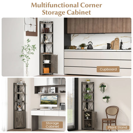 Tall Corner Storage Cabinet with 3-Tier Shelf and Enclosed Cabinet-Gray