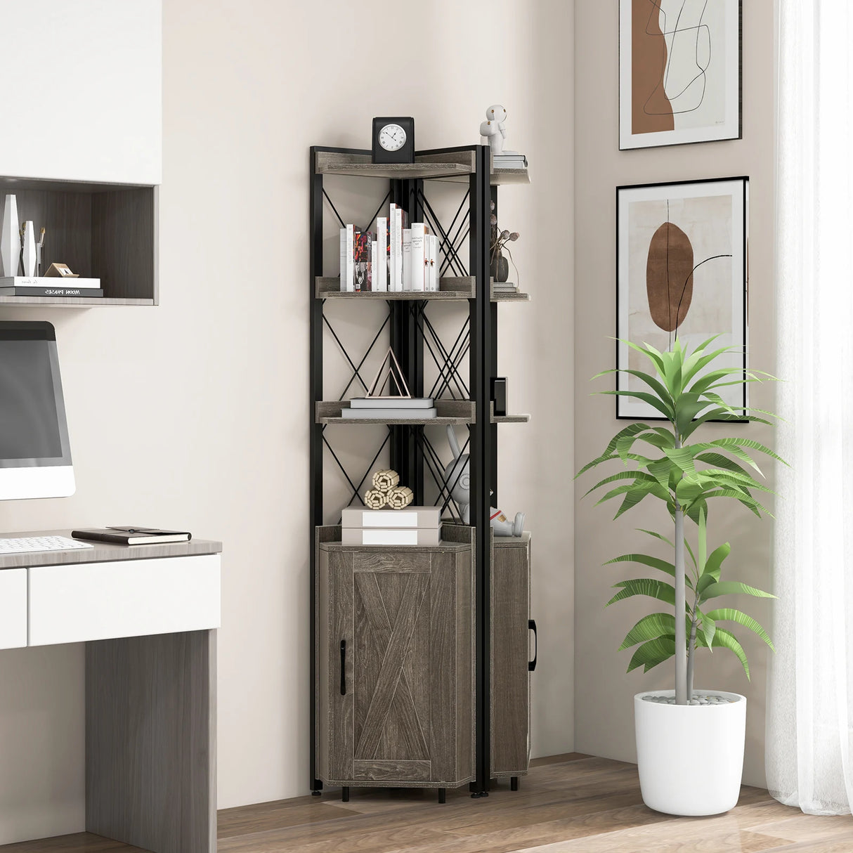 Tall Corner Storage Cabinet with 3-Tier Shelf and Enclosed Cabinet-Gray