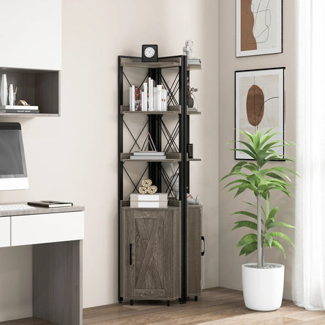 Tall Corner Storage Cabinet with 3-Tier Shelf and Enclosed Cabinet-Gray