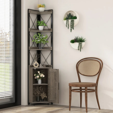 Tall Corner Storage Cabinet with 3-Tier Shelf and Enclosed Cabinet-Gray