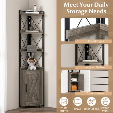 Tall Corner Storage Cabinet with 3-Tier Shelf and Enclosed Cabinet-Gray