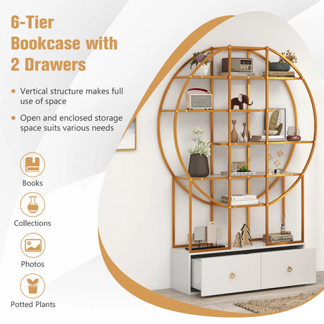 71 Inches 6-Tier Gold Bookshelf with 2 Storage Drawers-Golden